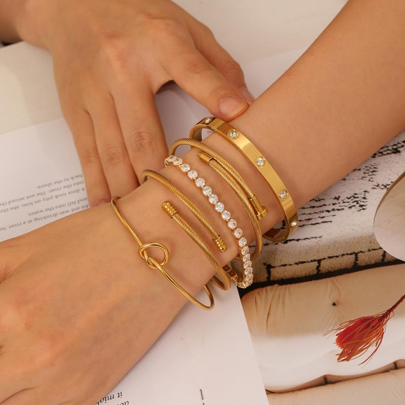 FAFUGA 18 K Gold Plated Love Bangle Bracelet Stack Cuff Jewelry for Women Jewelry Set for Women Gift with Box - Image 3